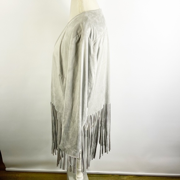 Chicos Gray Faux Vegan Suede Fringe Jacket Open Front Western Boho Sz 2 = Large - Picture 5 of 9